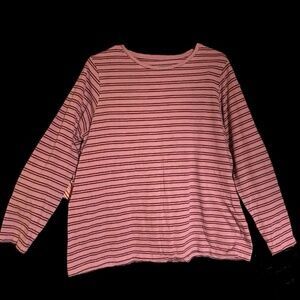 Womens Dip T-Shirt Red Pink Striped Long Sleeve Scoop Neck Pullover Cotton 1X